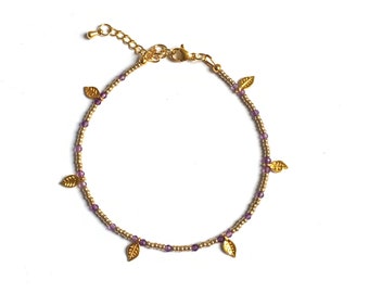 Anklet with champagne gold and small Amethyst gemstones,  Beaded boho Anklet, gift for her