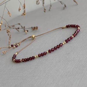May include: A delicate adjustable bracelet featuring a series of small, faceted deep red garnet beads interspersed with tiny, polished gold-tone metallic spheres. The bracelet is strung on a thin, light brown cord with a sliding bead closure mechanism.