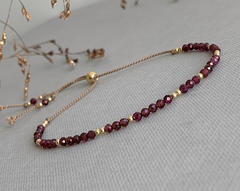 Garnet Gemstone bracelet, Birthstone January gift, dainty adjustable silk cord bracelet