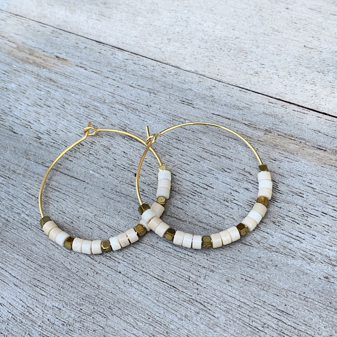 Stone Heishi Hoops White Fossil Jasper Hoops Gold Creole 30 Etsy