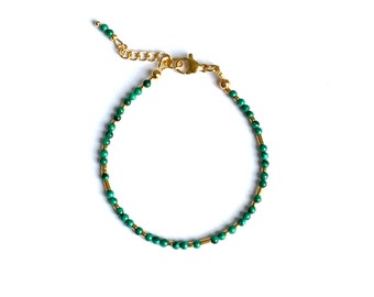 Dainty Malachite gemstone bracelet with gold filled tube bead, green skinny gemstone stacking bracelet