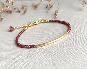 Dainty Garnet gemstone bracelet with gold filled tube bead, Birthstone january, skinny gemstone stacking bracelet