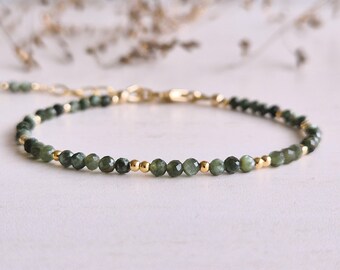 Dainty green Seraphinite and 14k gold filled bracelet, handmade green gemstone jewelry, dainty gem stacking bracelets