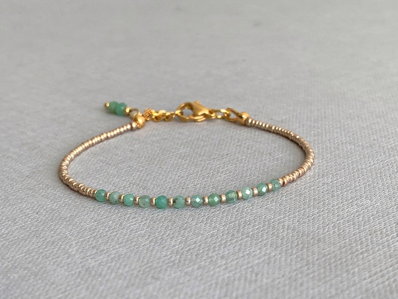 Bracelet Emerald and seed beads, Ultra skinny gem bracelet, Birthstone May gift image 1