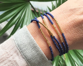 Beaded wrap bracelet with gold plated beads, Blue Bracelet