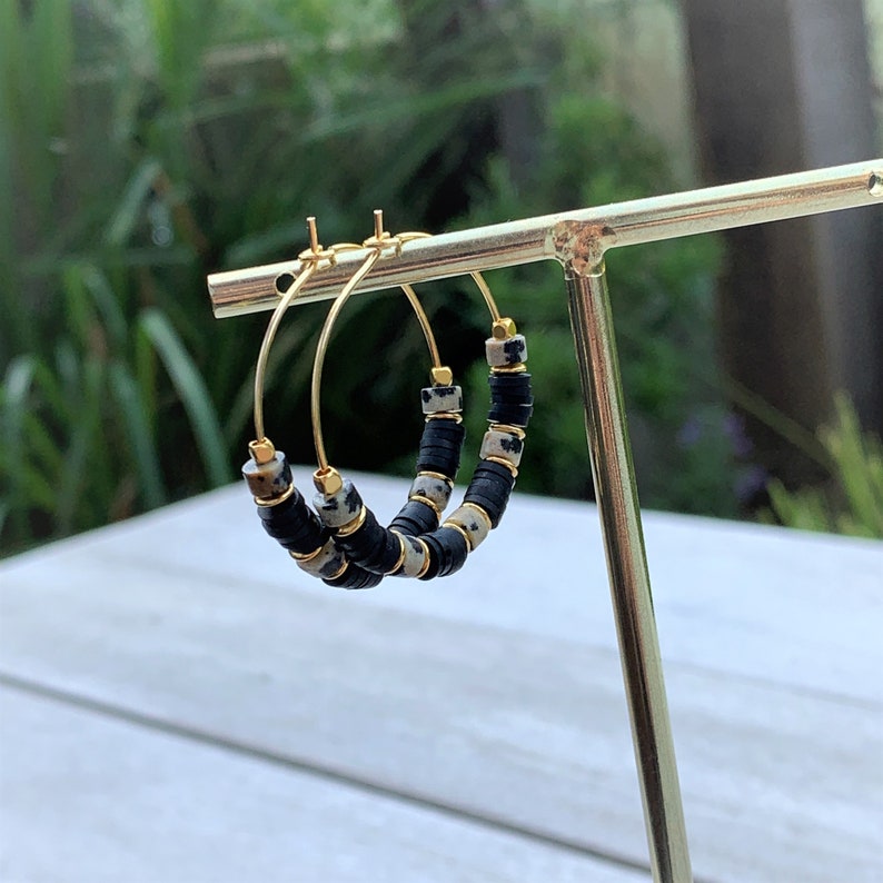 Heishi Hoops Gold, Semi Precious Stone Earrings, Heishi Hoops, Gold Creole 30 mm, Summer Jewelry image 3