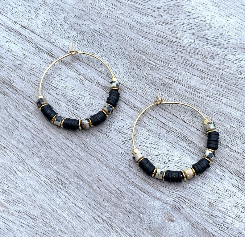 Heishi Hoops Gold, Semi Precious Stone Earrings, Heishi Hoops, Gold Creole 30 mm, Summer Jewelry image 4