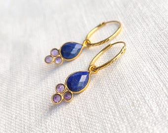 Gold plated sterling 925 silver Hoops 14 mm with gemstone charm, earrings with Lapis Lazuli, tiny gold hoops