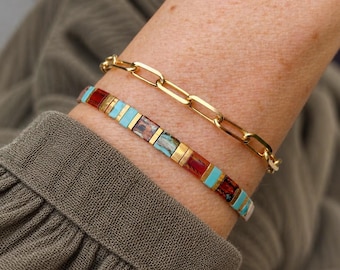 Colorful Tile beaded bracelet, Handmade Boho chic stacking bracelets, adjustable tile bracelet with steel closure, gift idea for her