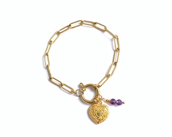 Chain Bracelet, Gold plated Stainless Steel bracelet with gemstone charms, Christmas gift for her