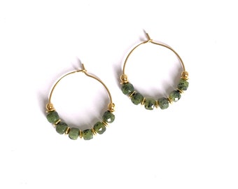 Green Canedian Jade Hoops, Gold plated Stainless Steel hoops 25 mm with Gemstone beads, Jade jewelry, Christmas gift idea