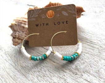 Heishi Hoops Gold, Semi Precious Stone Earrings, Heishi Hoops, Gold Creole 30 mm, Summer Jewelry