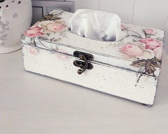 Shabby Chic Floral Tissue Box Cover: Pink Roses, Wood Holder