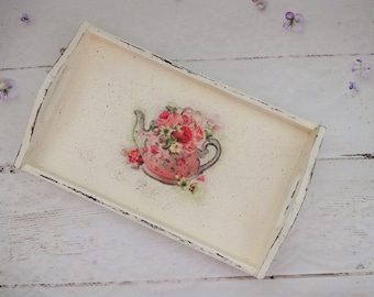 Wooden Floral Serving Tray for Ottoman