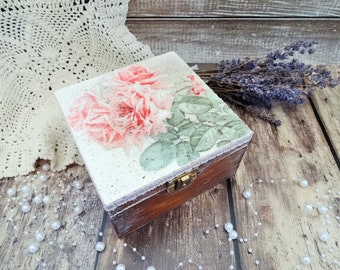 Shabby Chic Roses Wooden Box, Decoupage Jewelry Organizer