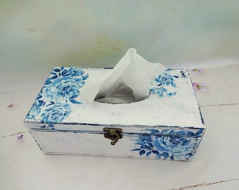 French Floral Tissue Box Cover, Aged Blue Wood