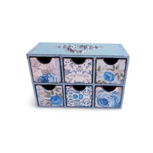 Sieradendoosje met lades, bloemendoosje voor het opbergen van sieraden, blauw cadeau-idee voor dames
