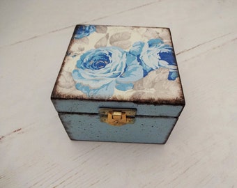 Blue Floral Jewelry Box, Small Trinket Storage, Gift Box