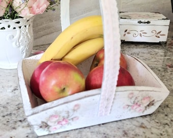 Shabby Chic Wooden Fruit Basket with Pink Roses