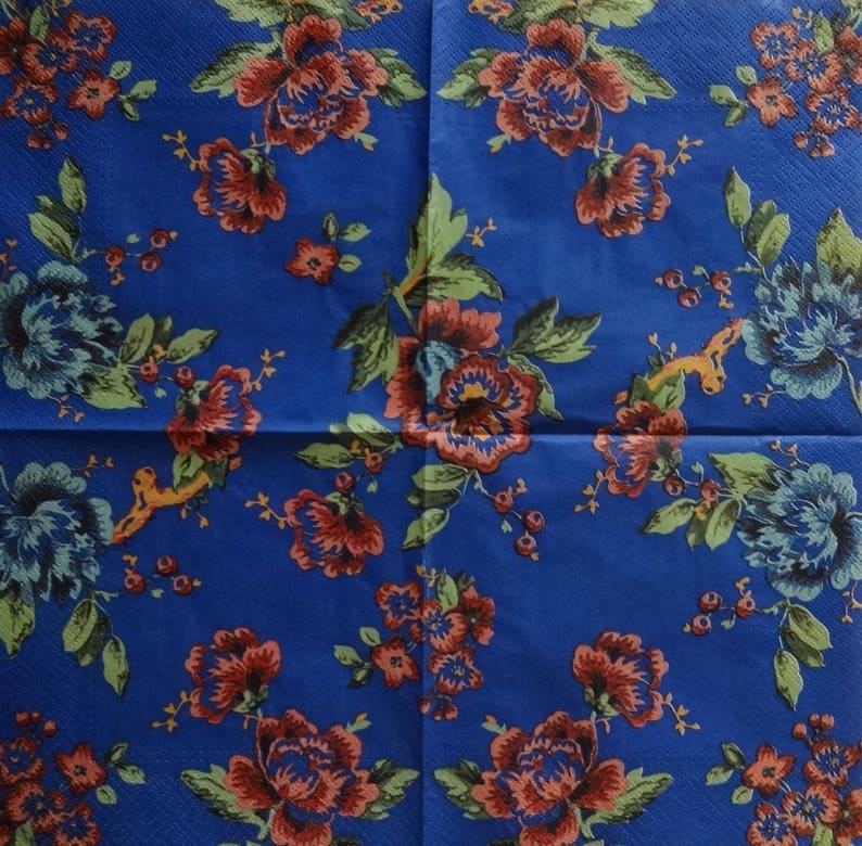 4 Navy Blue Floral Decoupage Printed Paper Napkins Etsy