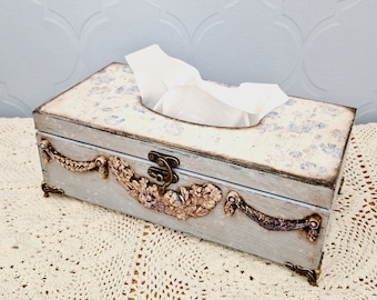 Blue Floral Wooden Tissue Box Cover, Vintage Style Vanity Decor