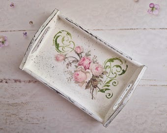 Small White Serving Tray for Ottoman Drinks Tray Floral Shabby Chic