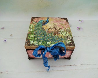 Peacock Jewelry Box: Wooden Keepsake Storage, Grandmillennial Decor