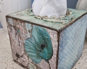 Floral Square Wooden Tissue Box Cover, Shabby Chic Decor