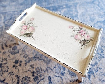 Floral Shabby Chic Breakfast Tray, Wooden Serving Tray with Foldable Legs
