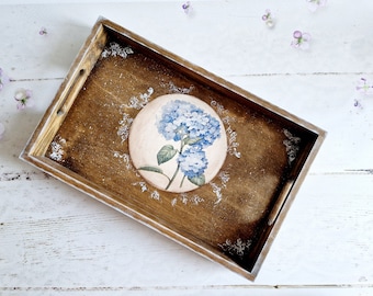 Rustic Serving Tray for Farmhouse Kitchen Decor Hydrangea Tary For Ottoman