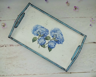 Blauwe shabby chique hortensia dienblad