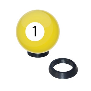 May include: A yellow billiard ball with the number 1 in a white circle. The ball sits on a black base, with a separate black ring nearby. The ball is glossy and the background is white.