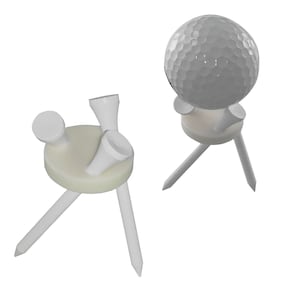 May include: Two golf ball tees. One tee supports a golf ball. The tees are white with a beige base and three white spikes. The golf ball is white with a dimpled surface. The tees are designed to hold a golf ball.