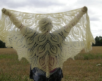 Hand knitted yellow mohair shawl