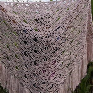 May include: A delicate, crocheted shawl in a soft pink color with a lacy pattern and fringe trim. The shawl is draped over a person's arms and is photographed against a backdrop of green foliage.