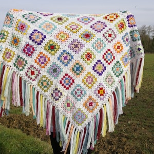 Peut inclure: Un châle en crochet blanc avec des carrés de grand-mère colorés et des franges. Le châle est fait avec une variété de couleurs, y compris le rouge, le bleu, le vert, le jaune et le violet.