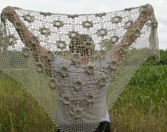 Gray shawl with hand-crocheted beads