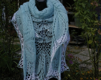 Hand knitted turquoise openwork mohair shawl