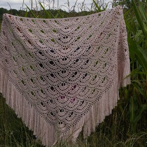 May include: A delicate, crocheted shawl in a soft pink color with a fringe border. The shawl is made with a lacy pattern and is displayed against a backdrop of green foliage.