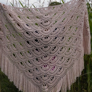 May include: A delicate, crocheted shawl in a light pink color with a lacy pattern and fringe. The shawl is draped over a field of tall green plants.