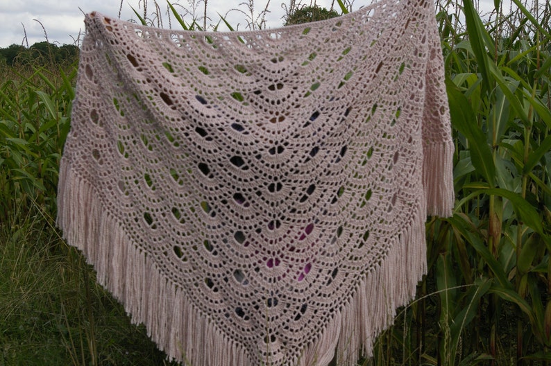 May include: A delicate, crocheted shawl in a light pink color with a lacy pattern and fringe. The shawl is draped over a field of tall green plants.