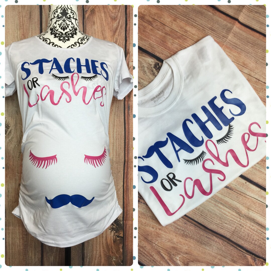 Staches or Lashes Gender Reveal Maternity Couples Shirts Mustaches or ...