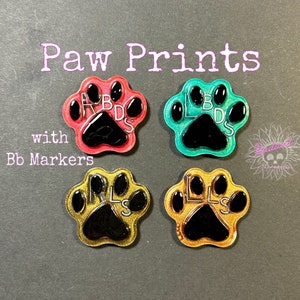May include: Four resin paw print ornaments with black paint and white lettering. The paw prints are in pink, teal, gold, and black. The text on the paw prints reads "L.B.D.S" and "R.L.S". The text below the paw prints reads "Paw Prints with Bb Markers".