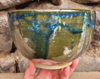 Pottery blue and green salad bowl with touch of mustard color