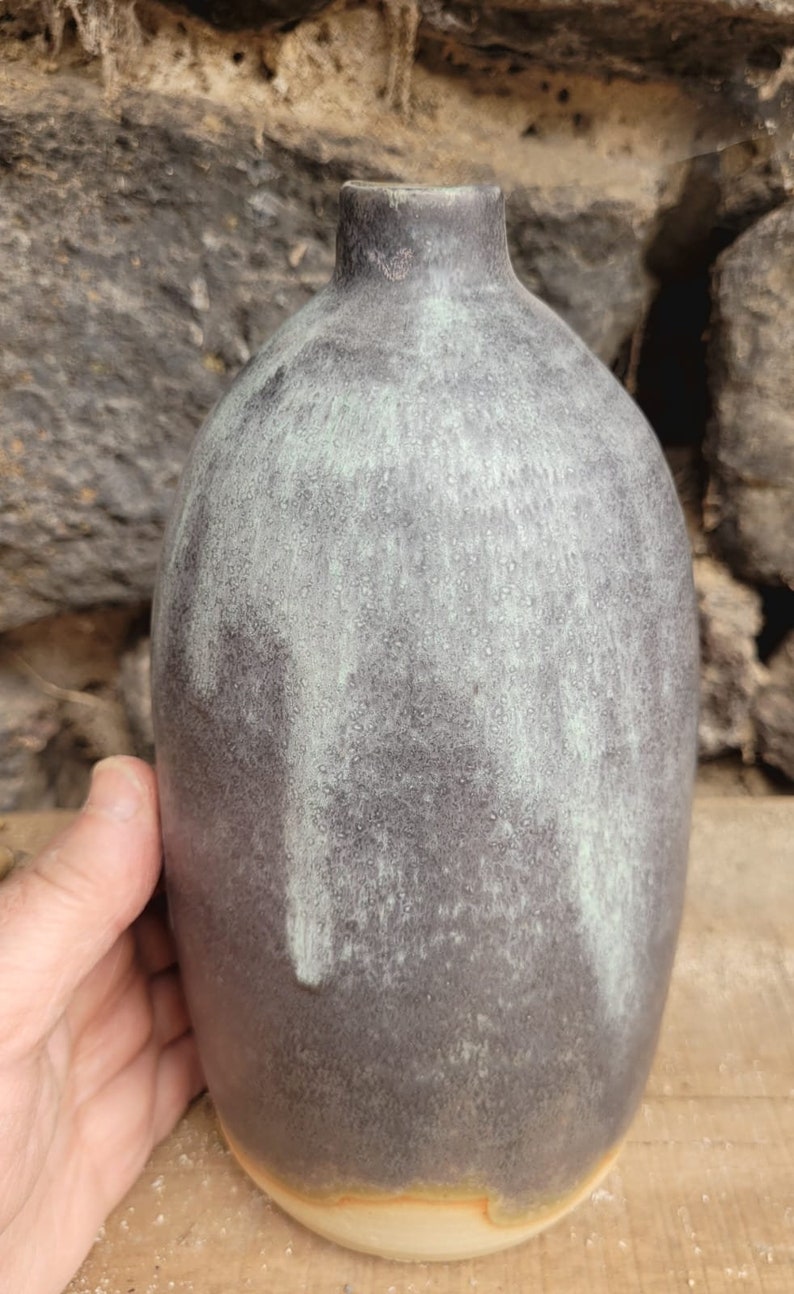 Beige stoneware bottle shape glazed matt gray and interior green image 6