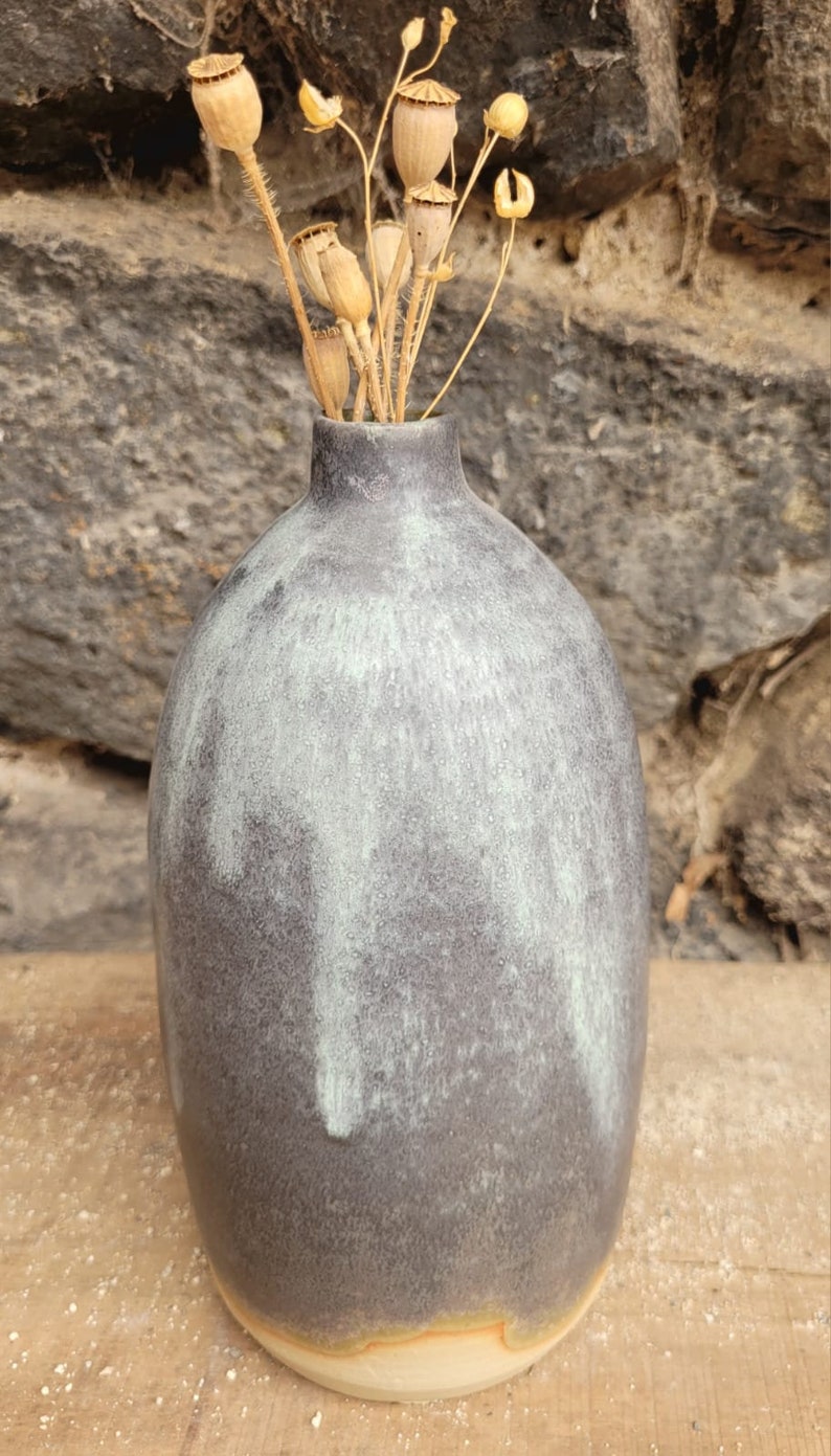 Beige stoneware bottle shape glazed matt gray and interior green image 5