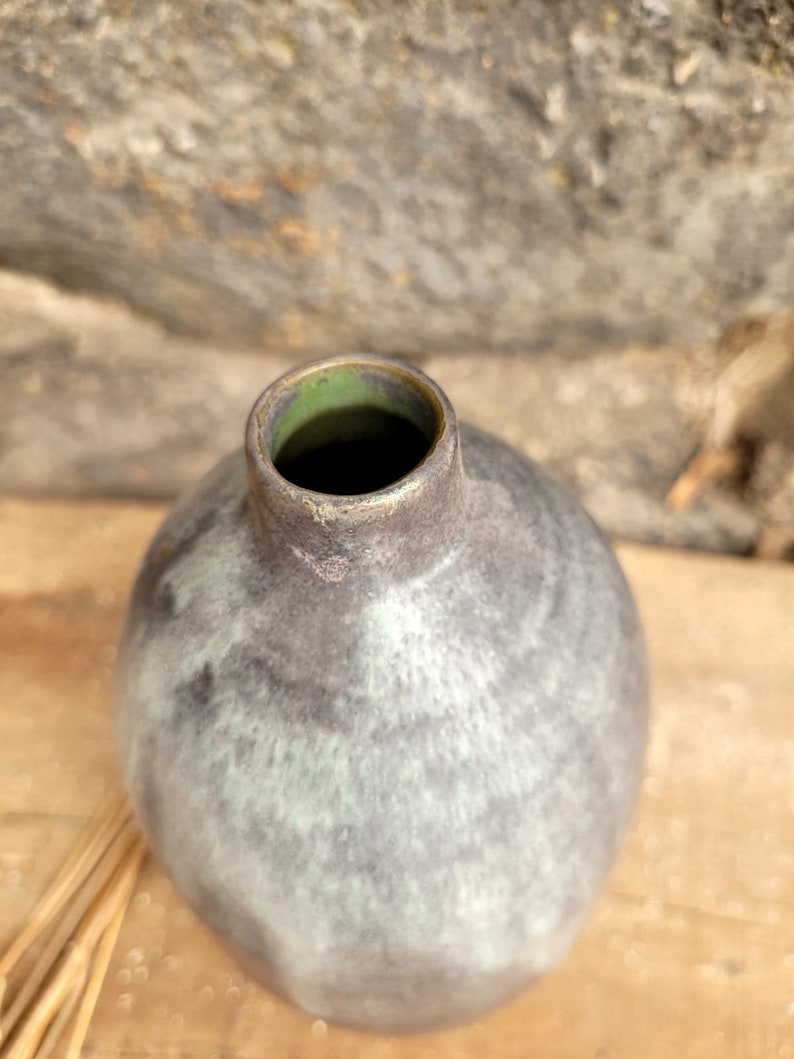 Beige stoneware bottle shape glazed matt gray and interior green image 4