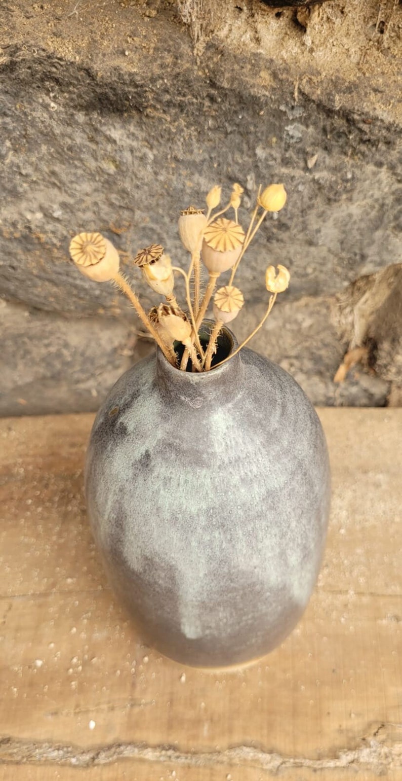 Beige stoneware bottle shape glazed matt gray and interior green image 2