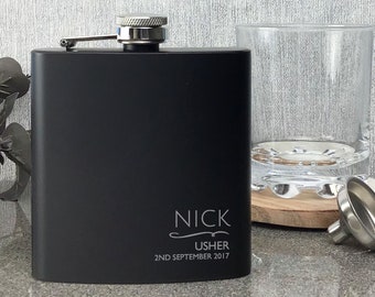 Bacardi /& Wray Nephew White Rum Personalised Black Hip Flask /& 2 Miniatures in Silk Gift Box