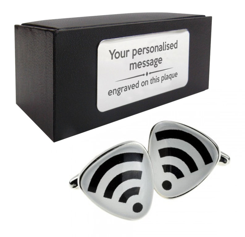 878 Wifi computing computer CUFFLINKS birthday gift idea presentation box with PERSONALISED ENGRAVED plate